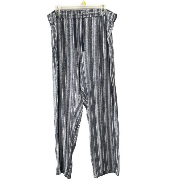 Wide Leg Linen Blend Pants 1X Women Striped Pull On Drawstring Elastic Lagenlook - Picture 1 of 8